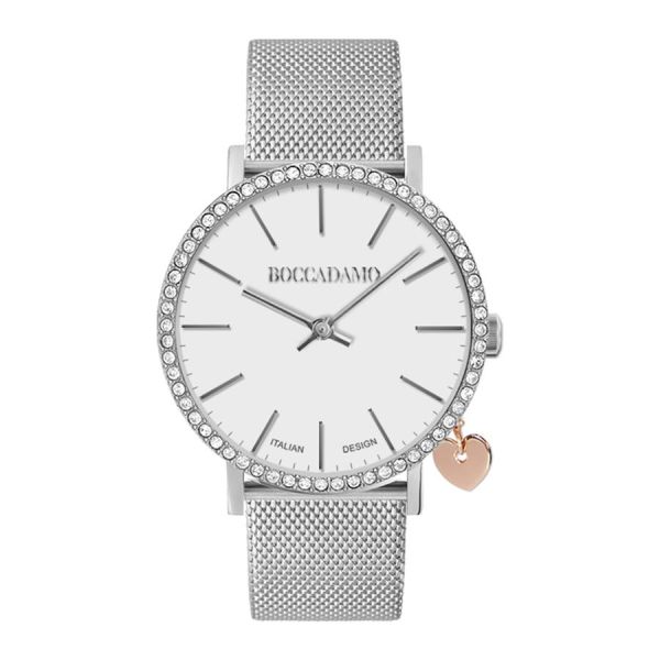 Orologio donna con cristalli, charm laterale e cinturuno maglia mesh silver